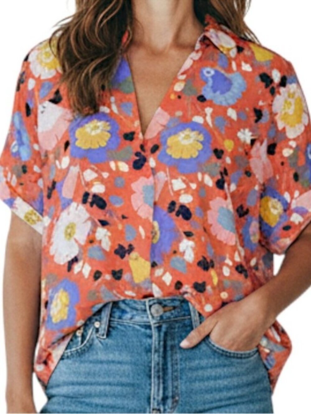 CAbi Sz 2XL Womens Blouse Short Sleeve Orange/Multicolor Floral